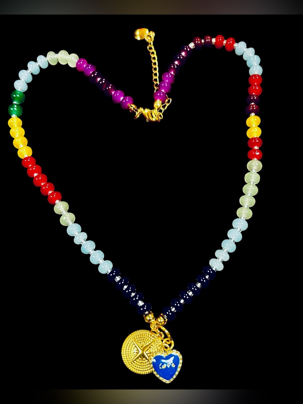 Brightly colored bead necklace with charms by MAYAMAR New in Pouch